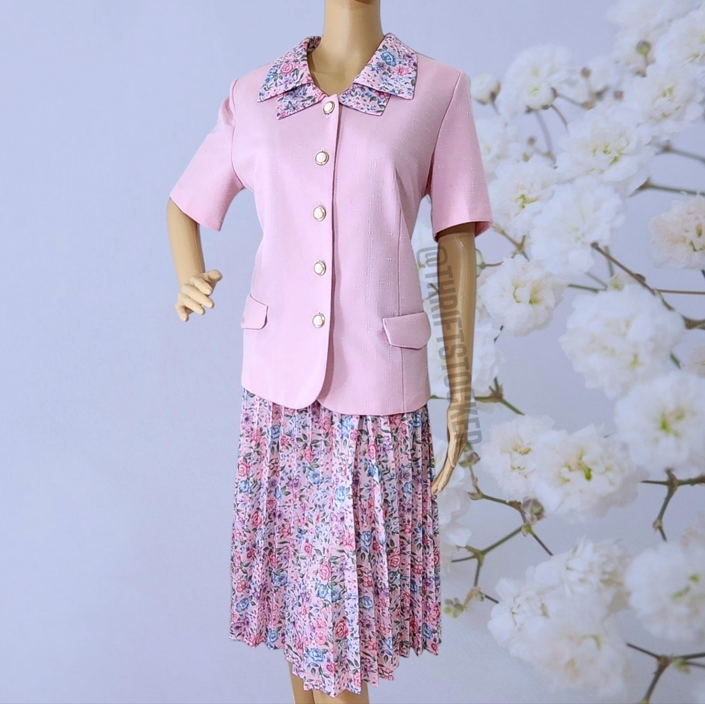 Pink Floral Collar Vintage Skirt Set